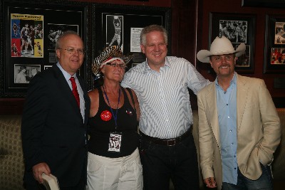 JUNE 23RD "PEP RALLY" BOOK WINNER DEBI BOHANNAN WITH HER BOOK'S AUTHOR KARL ROVE AND GLENN BECK AND JOHN RICH IN THE "GREEN ROOM" BEFORE THE TAKING OUR COUNTRY BACK TOUR PERFORMANCE.